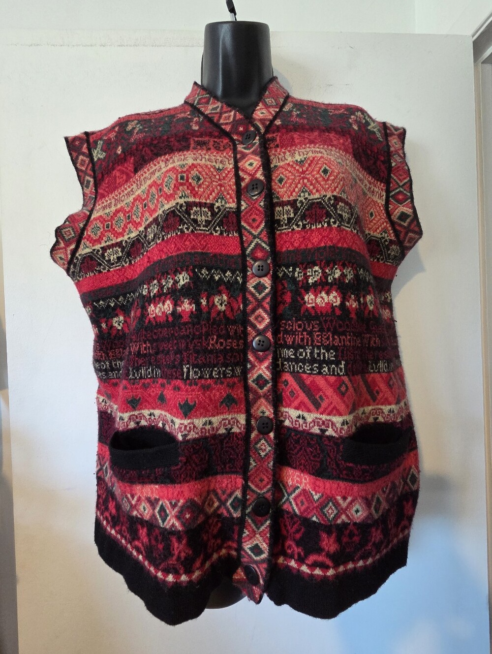 Olsen Red Patterned Button-Front Sweater Vest